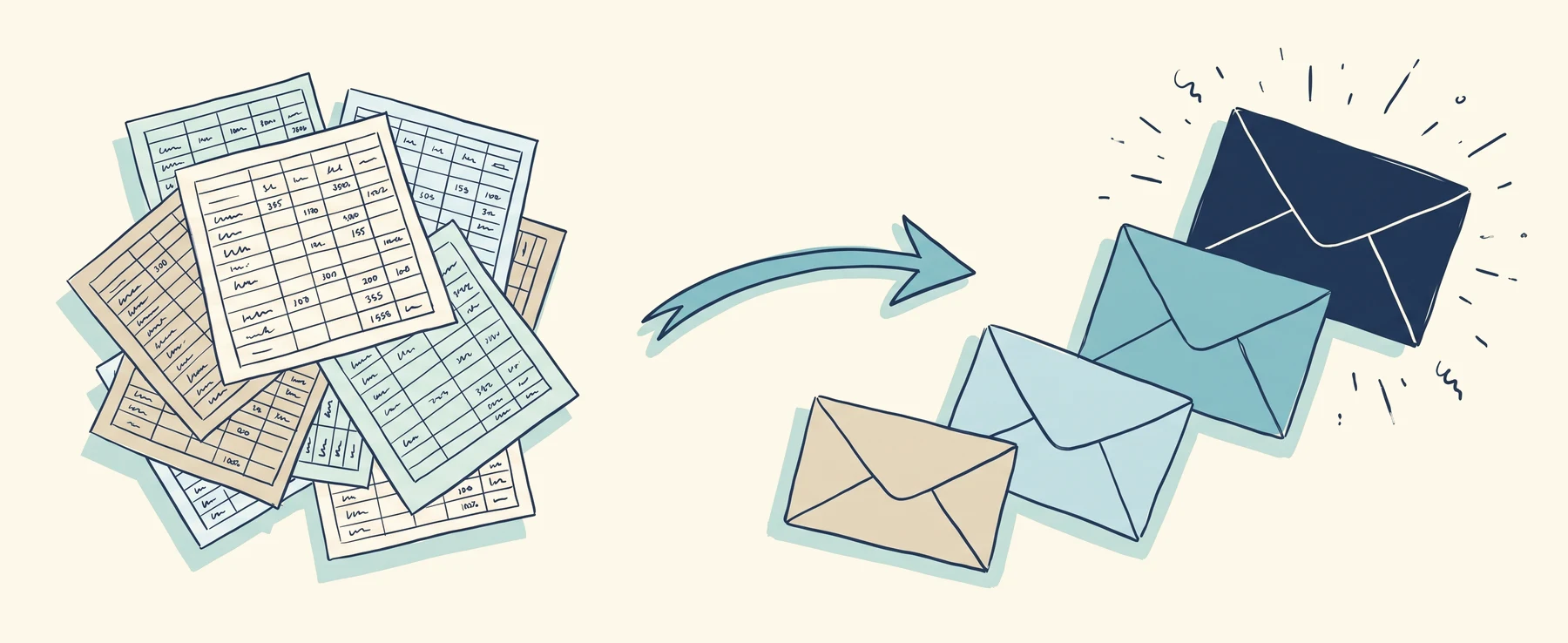 A messy pile of aging report spreadsheets on the left, an arrow, and collection emails on the right rising in urgency from a pale envelope to a dark one