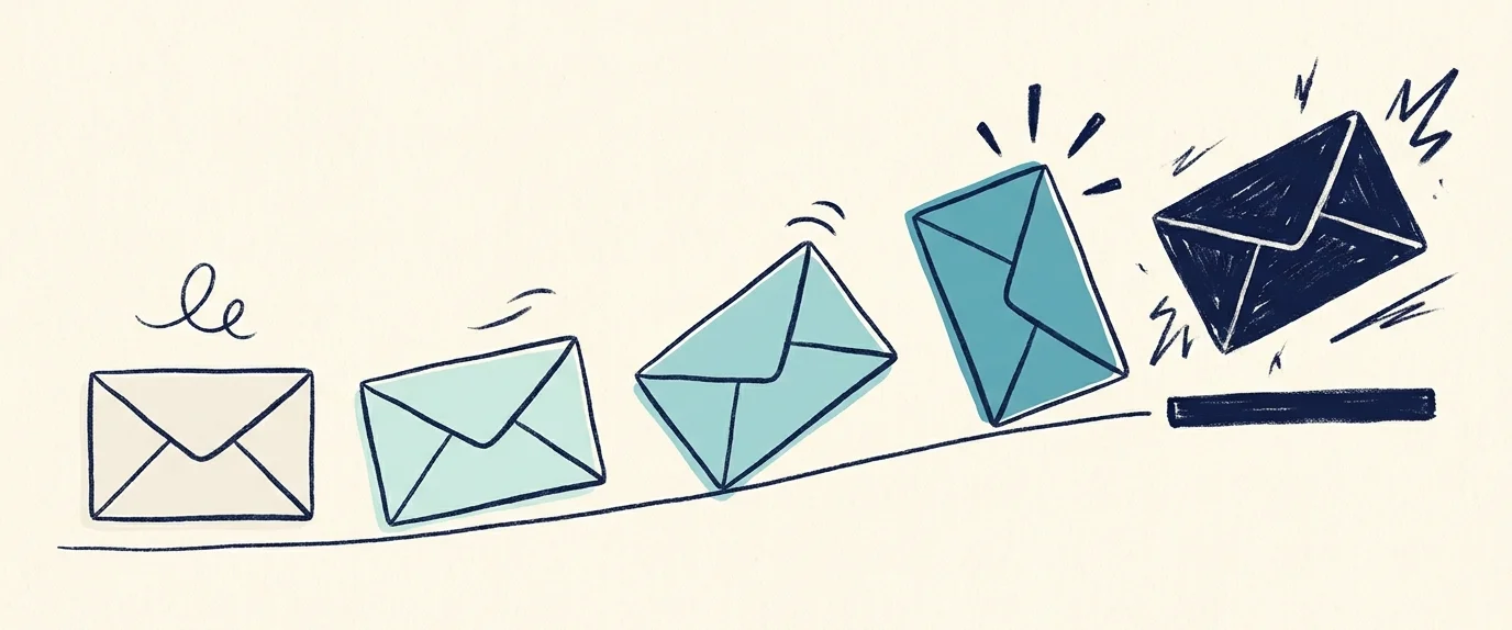 Five envelopes rising left to right, from a pale one lying flat before the invoice is due through to a dark one stopped by a barrier at credit hold